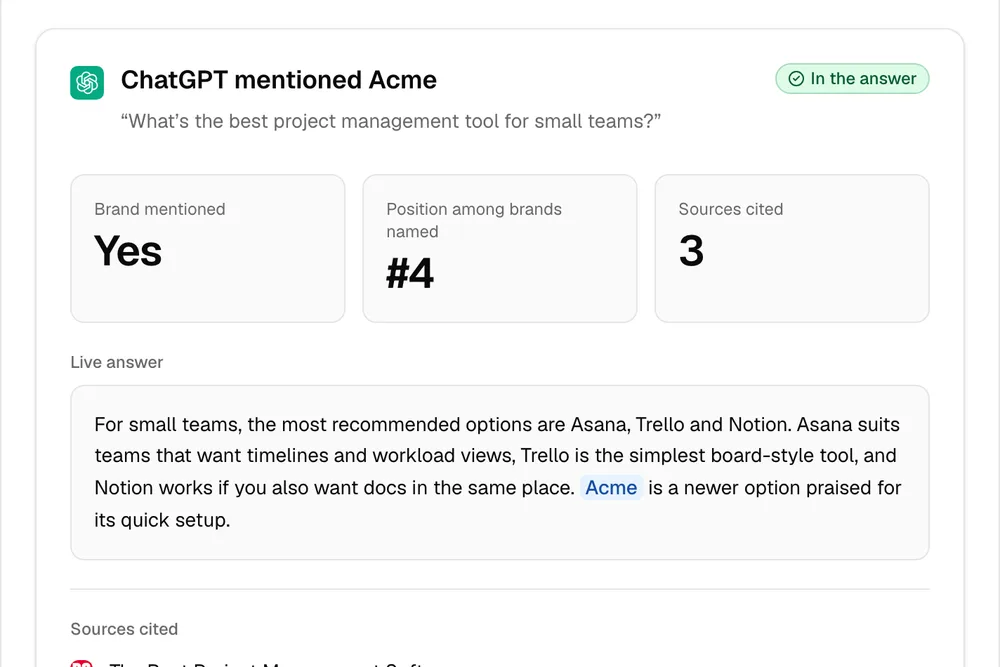 AI Citation Snapshot showing a sample result