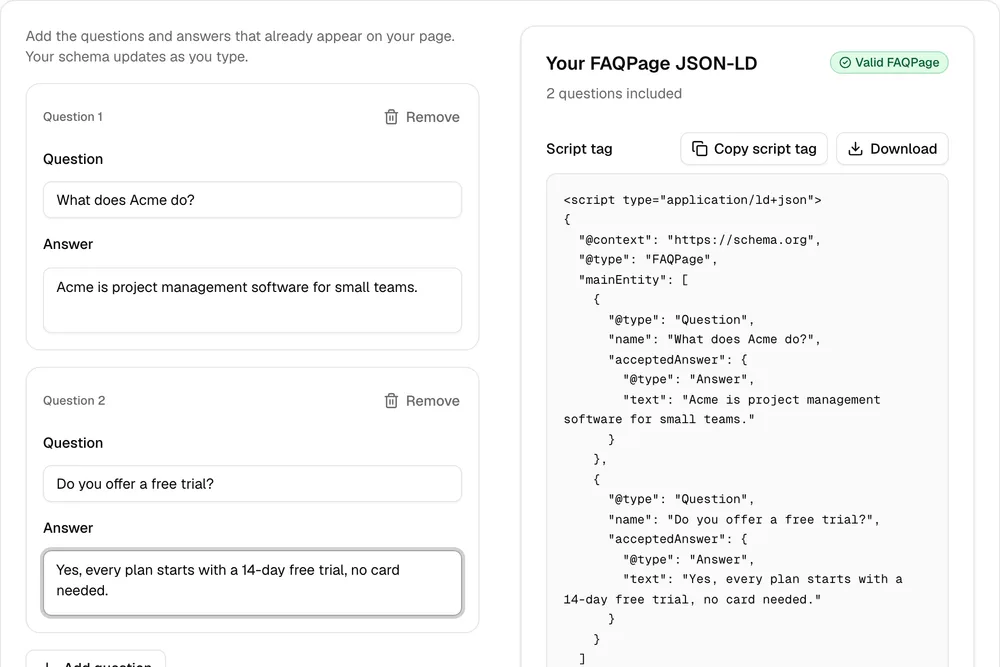 FAQ Schema (JSON-LD) Generator showing a sample result