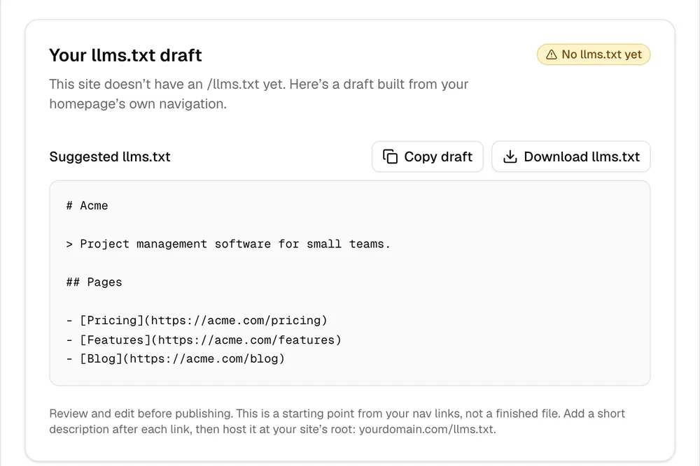 llms.txt Generator showing a sample result