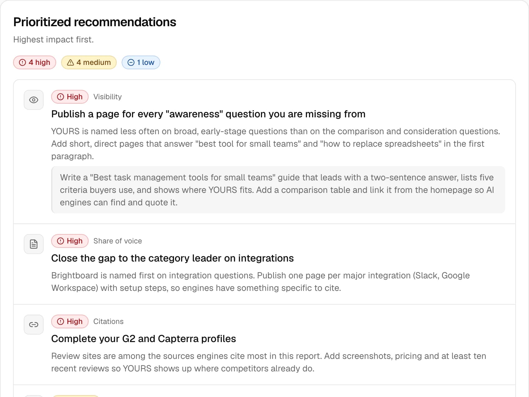 Recommendations chapter: a prioritised fix list with high, medium and low priority badges and content briefs.