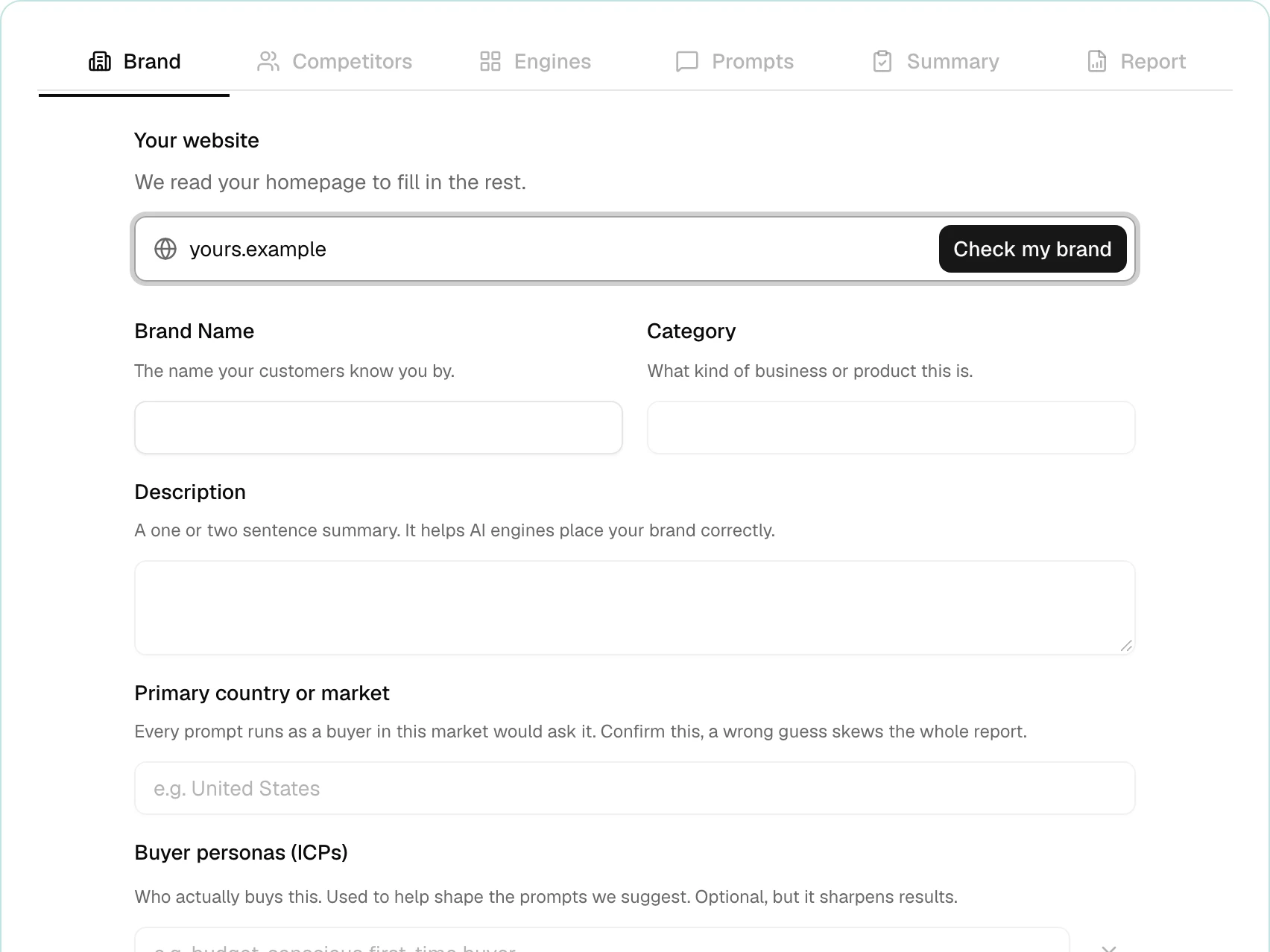 The ContextOwl widget: enter your website, then step through brand, competitors, engines and prompts.